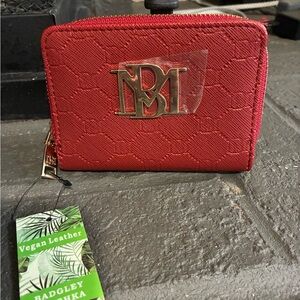 Badgley Mischka Red Zip-Around Vegan Wallet with Silver Logo